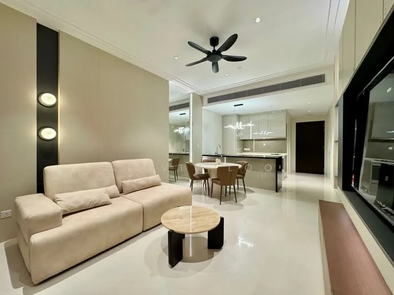 Living features: 3-seater fabric sofa in beige, round coffee table with marble top, ceiling fan with 5 blades, wall-mounted TV, recessed downlights, cream painted walls, polished tile flooring, open-plan layout to dining area, decorative wall lighting; style: modern. Dining features: 4-seater dining table, upholstered dining chairs, kitchen island with bar seating, mirrored backsplash, recessed downlights; style: modern.