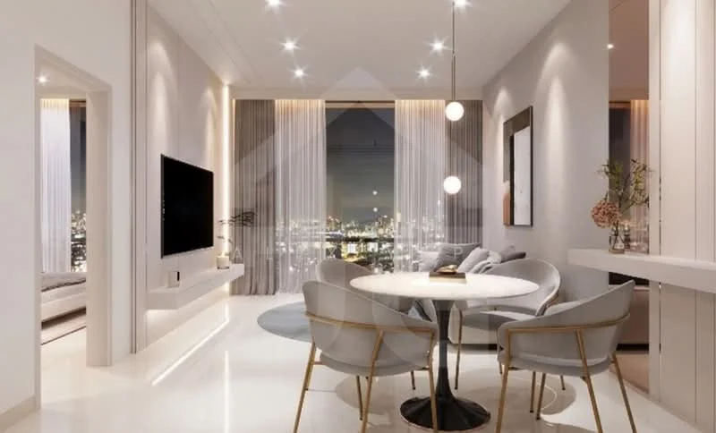 Living features: white painted walls, polished marble flooring, recessed downlights, floor-to-ceiling windows, sheer curtains, wall-mounted TV, round dining table, upholstered dining chairs, decorative vase, pendant light, neutral color palette, open layout; style: modern; view: city.
