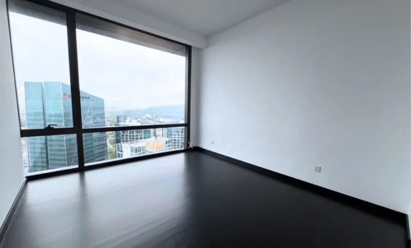 Room features: floor-to-ceiling windows, black laminate flooring, white painted walls, city skyline view; style: modern; view: city.