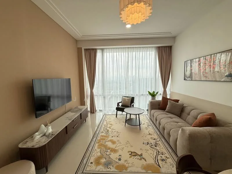 Living features: sofa in beige fabric, coffee table, TV console, wall-mounted TV, area rug with floral pattern, floor-to-ceiling windows, sheer curtains, decorative wall art, plant in ceramic pot, light fixture with multiple bulbs, cream painted walls, white ceiling, recessed downlights; style: modern; view: city.