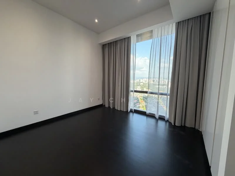 Room features: white painted walls, black laminate flooring, floor-to-ceiling windows, sheer curtains, grey blackout curtains, recessed downlights; style: modern; view: city.