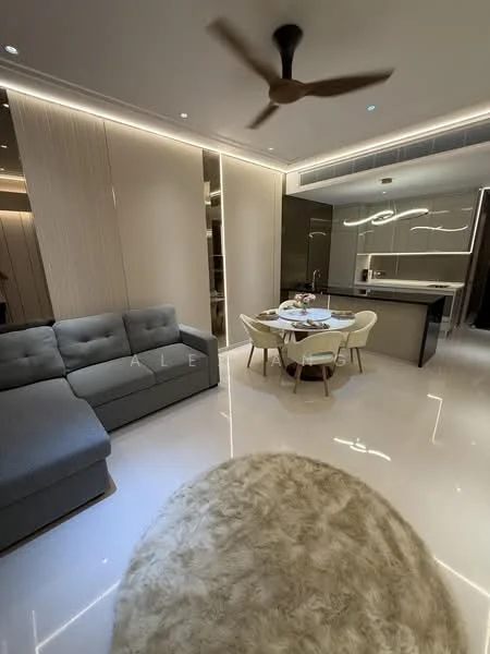 Living features: L-shape sectional sofa in grey, round dining table, upholstered dining chairs, recessed LED downlights, 5-blade ceiling fan, white glossy tile flooring, decorative wall paneling, open kitchen layout, kitchen cabinetry with modern finish, neutral wall color, area rug with fluffy texture; style: modern.