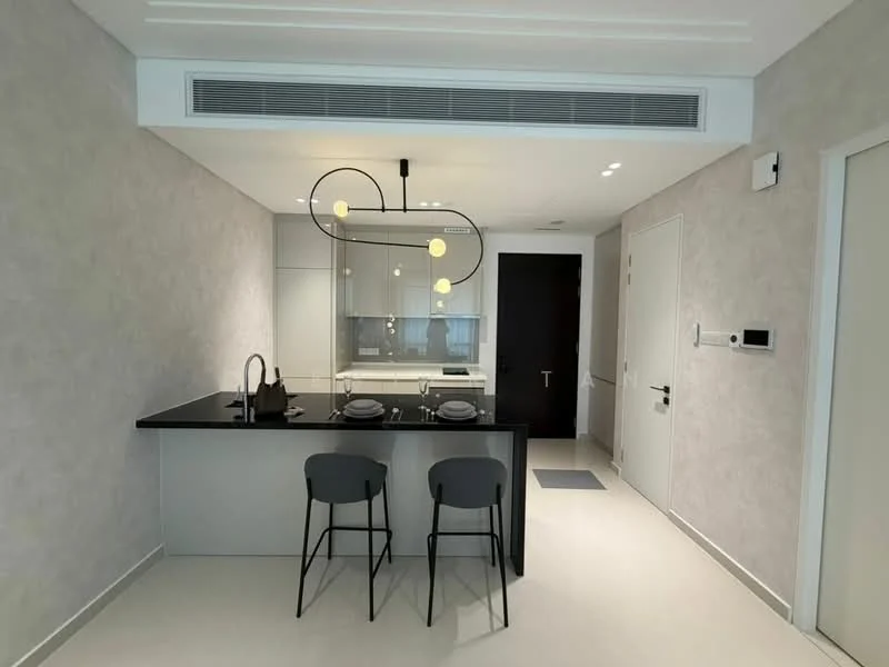 Kitchen features: black countertop, white cabinetry, pendant light fixture, bar stools, built-in oven, stainless-steel sink, chrome faucet, recessed lighting, light grey walls, tile flooring, open layout, kitchen island; style: modern.