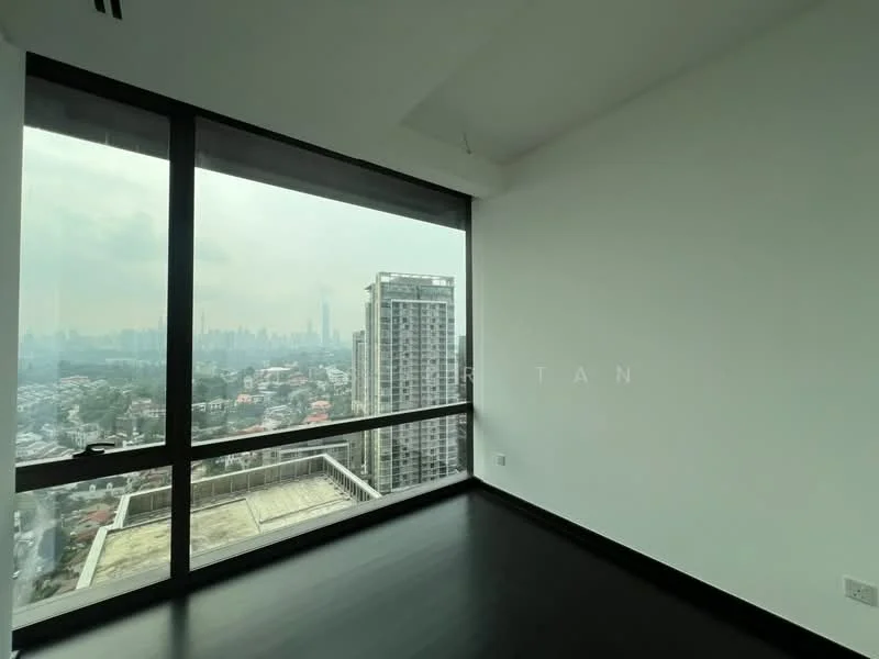 Room features: floor-to-ceiling windows, black laminate flooring, white painted walls, city skyline view; style: modern; view: city.