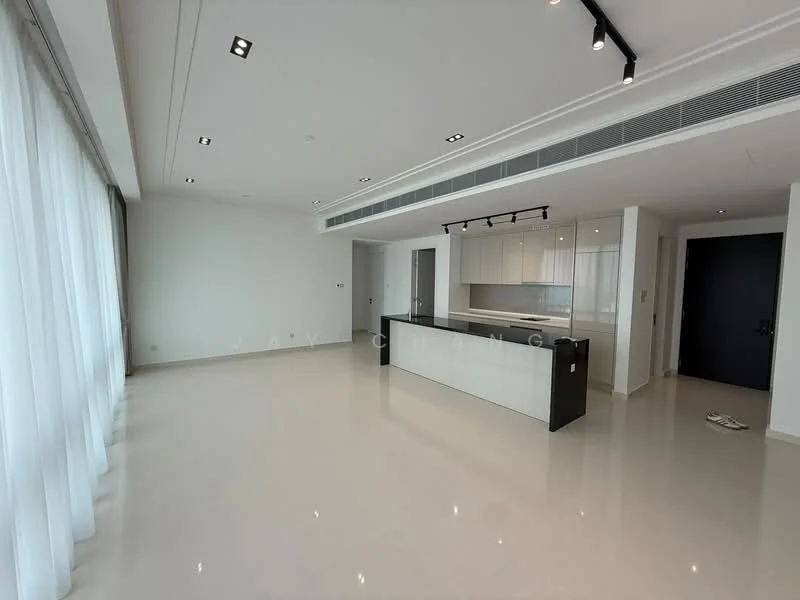 Living features: white painted walls, polished tile flooring, recessed downlights, floor-to-ceiling windows, open-plan layout, kitchen island with seating, modern cabinetry, stainless-steel appliances, black countertop, sliding glass door, neutral color palette, high ceiling, minimalist decor; style: modern.
