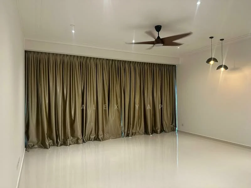 Living features: cream painted walls, polished tile flooring, 5-blade ceiling fan, recessed downlights, floor-to-ceiling windows, sheer curtains, dark brown curtain, minimalist pendant lights; style: modern.