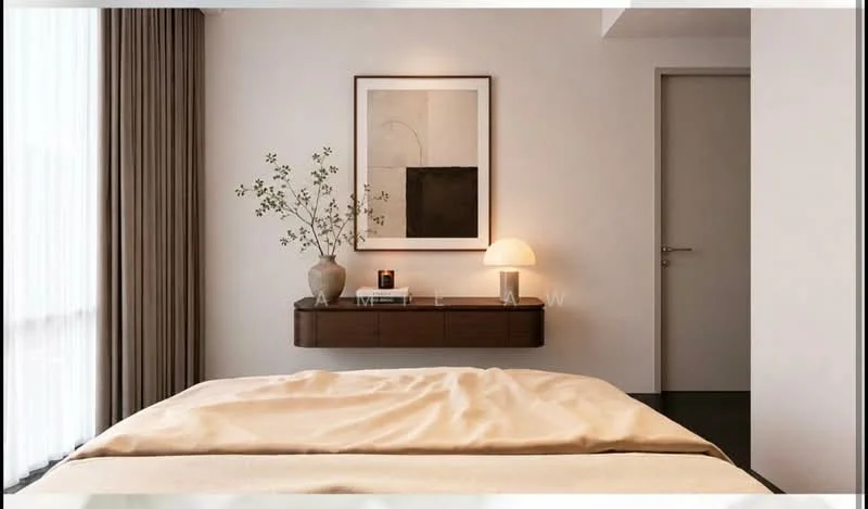 Bedroom features: queen-size bed with beige bedding, wooden bedside table, table lamp with round shade, framed artwork on wall, floor-to-ceiling windows with sheer curtains, neutral painted walls, dark wood flooring, decorative plant in ceramic pot, door leading to another room; style: modern.