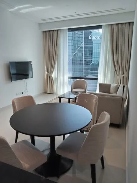 Living features: floor-to-ceiling windows, sheer curtains, light-coloured walls, cream upholstered armchairs, black round dining table, 4 beige dining chairs, wall-mounted TV, neutral flooring, decorative wall paneling; style: modern; view: city.
