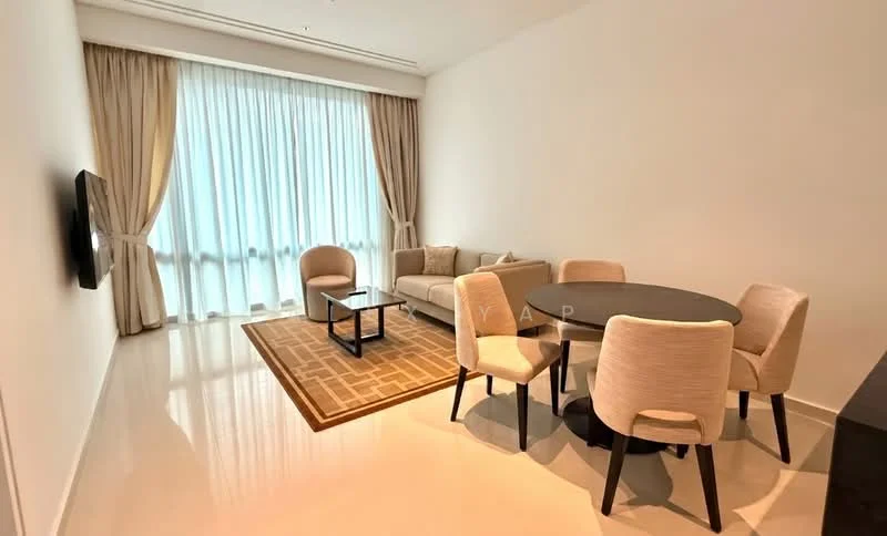 Living features: cream painted walls, glossy tile flooring, floor-to-ceiling windows, sheer curtains, 3-seater fabric sofa in beige, coffee table, round dining table, upholstered dining chairs, area rug with geometric pattern, wall-mounted TV; style: modern.