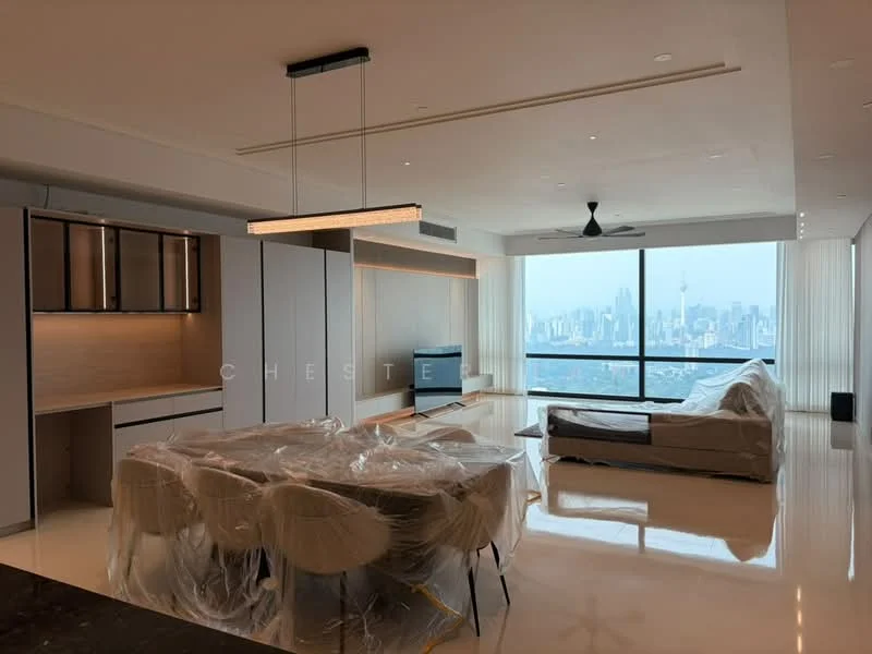 Living features: floor-to-ceiling windows, city skyline view, 3-seater fabric sofa in beige, dining table with 6 upholstered chairs, pendant light fixture, recessed downlights, polished marble flooring, built-in cabinetry, ceiling fan; style: modern; view: city.