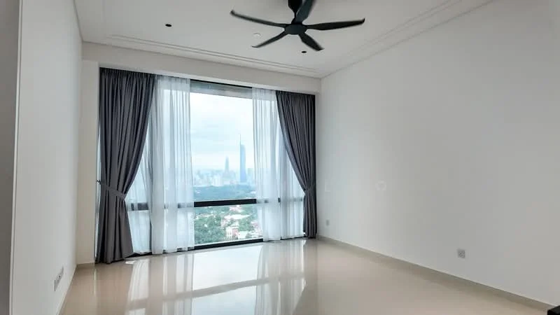 Room features: floor-to-ceiling windows, grey sheer curtains, 5-blade ceiling fan, white painted walls, polished tile flooring, city skyline view; style: modern; view: city.