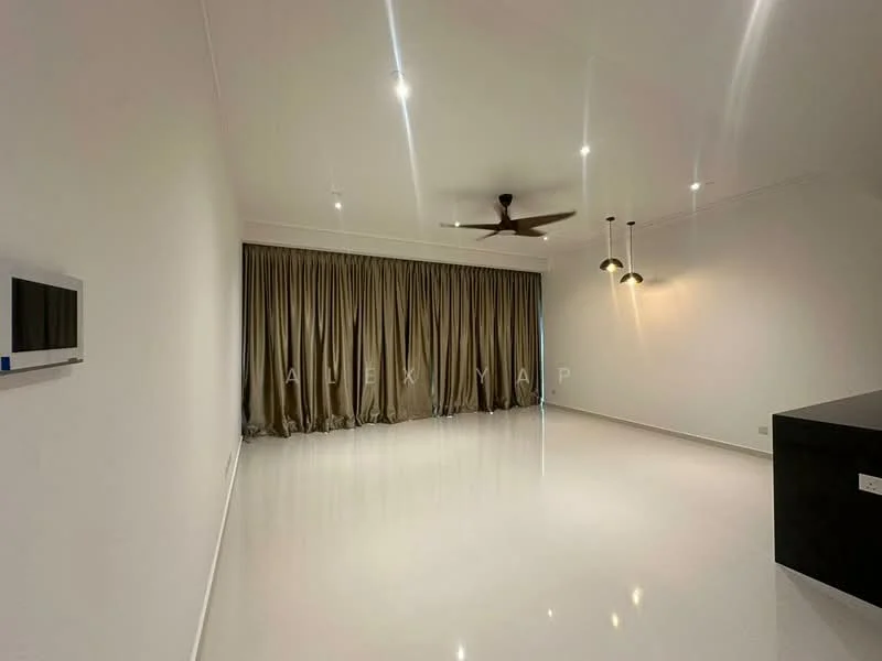 Living features: white painted walls, polished concrete flooring, 5-blade ceiling fan with light, recessed downlights, floor-to-ceiling windows, sheer curtains, pendant lamps, open layout; style: modern.