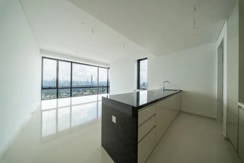 Kitchen features: black granite countertop, white cabinetry, stainless-steel sink, chrome pull-down faucet, floor-to-ceiling windows, polished ceramic tile flooring, open layout, city skyline view; style: modern; view: city.
