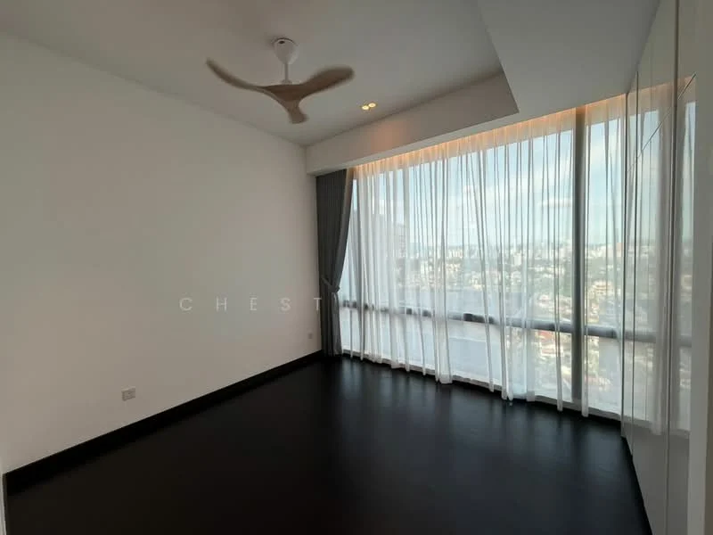 Room features: floor-to-ceiling windows, sheer curtains, 5-blade ceiling fan, dark wood flooring, white painted walls, city view; style: modern; view: city.