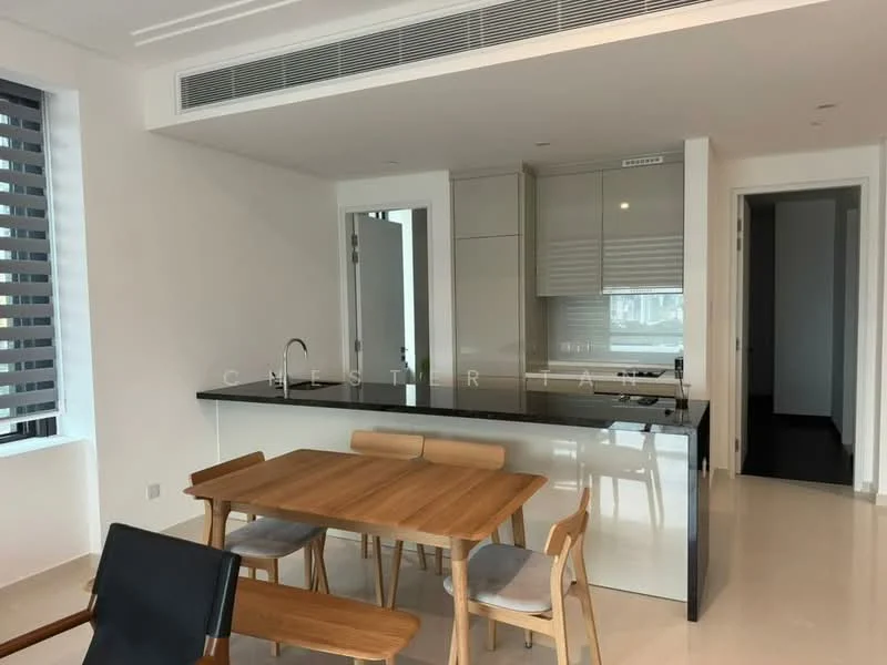 Dining features: wooden dining table, 4 dining chairs, white walls, marble countertop, grey cabinetry, stainless-steel sink, chrome pull-down faucet, floor-to-ceiling windows, recessed downlights, open-plan layout, tile flooring; style: modern. Kitchen features: grey cabinetry, marble countertop, stainless-steel sink, chrome pull-down faucet, built-in appliances, recessed downlights, tile flooring; style: modern.