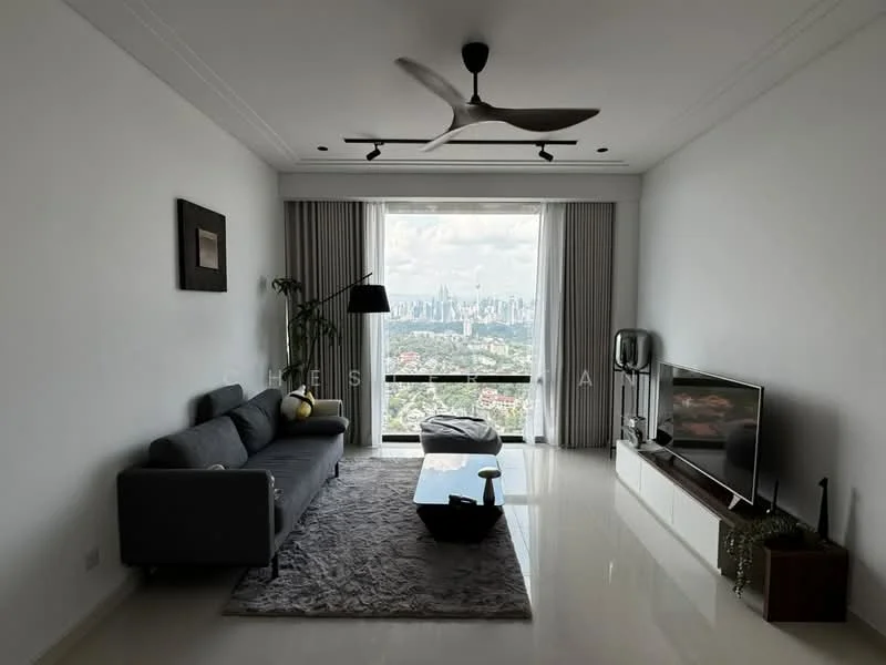 Living features: 3-seater fabric sofa in grey, glass coffee table, area rug with geometric pattern, wall-mounted TV, TV console, floor-to-ceiling windows, city skyline view, 5-blade ceiling fan with light, curtains, white painted walls, polished tile flooring; style: modern; view: city.