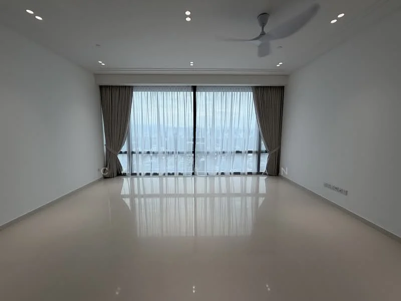 Living features: white painted walls, polished tile flooring, 5-blade ceiling fan with light, floor-to-ceiling windows, sheer curtains, curtains in beige, city view; style: modern; view: city.