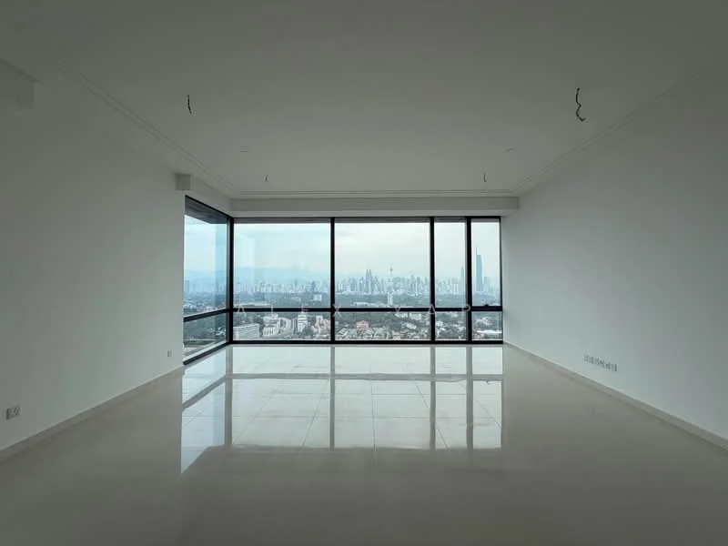 Living features: floor-to-ceiling windows, white painted walls, polished tile flooring, city skyline view, recessed downlights, crown moulding, open layout, no visible furniture; style: modern; view: city.