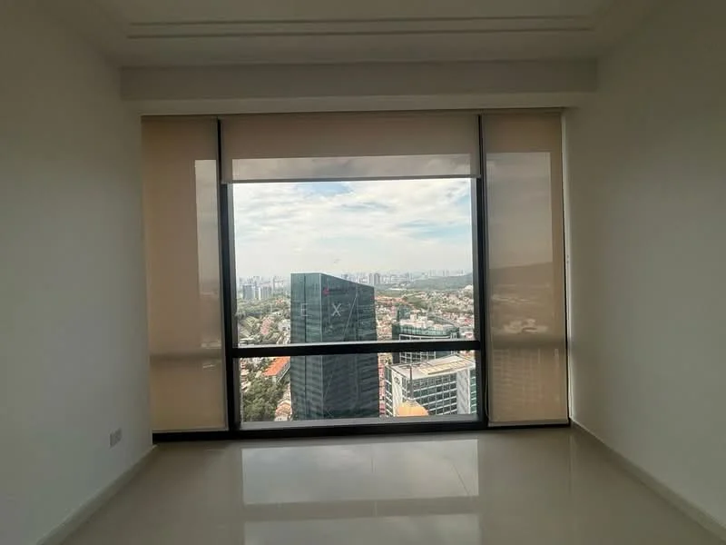Room features: floor-to-ceiling windows, roller blinds, white painted walls, polished tile flooring, city view, high-rise building, natural light; style: modern; view: city.