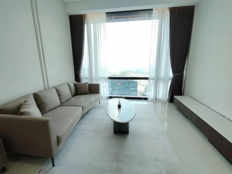 Living features: 3-seater fabric sofa in beige, glass coffee table, floor-to-ceiling windows, sheer curtains, dark brown curtains, light-colored wall, polished tile flooring, TV console, city view; style: modern; view: city.