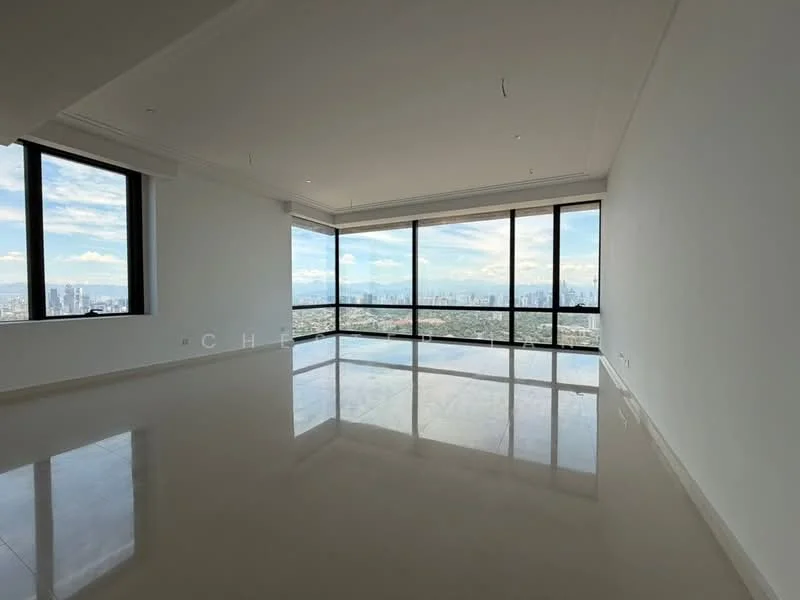 Living features: floor-to-ceiling windows, white painted walls, polished marble flooring, recessed downlights, city skyline view, open layout, no visible furniture, high ceilings; style: modern; view: city.