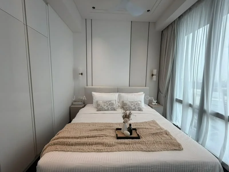 Bedroom features: king-size bed with upholstered headboard, white bedding with decorative pillows, textured throw blanket, nightstand with decorative items, built-in wardrobe with sliding doors, floor-to-ceiling windows with sheer curtains, recessed ceiling lights, ceiling fan, neutral wall colour, carpet flooring; style: modern; view: city.