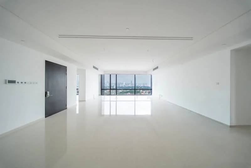 Living features: white painted walls, polished concrete flooring, floor-to-ceiling windows, city view, recessed downlights, sliding glass door, open layout, minimalist design; style: modern; view: city.