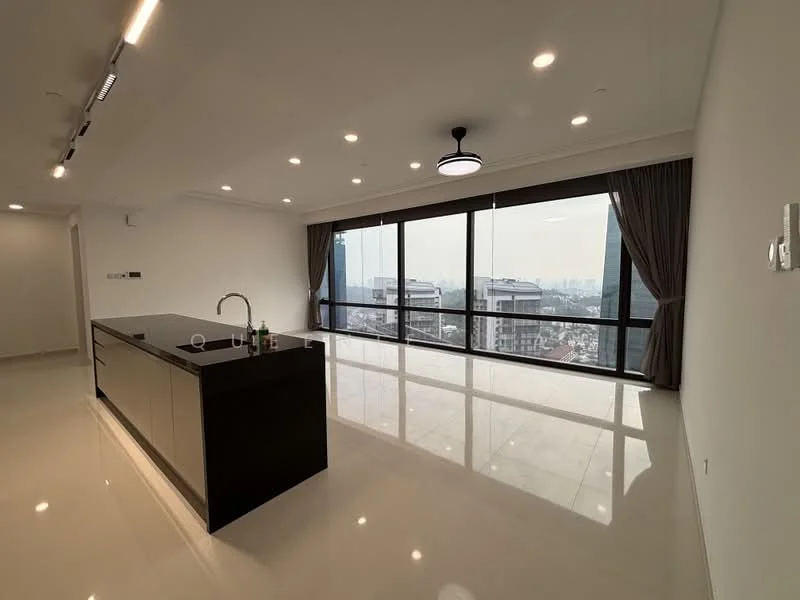 Living features: large floor-to-ceiling windows, black kitchen island with countertop, stainless-steel sink, chrome pull-down faucet, white painted walls, recessed LED downlights, ceiling fan, polished tile flooring, curtains, city view; style: modern; view: city.