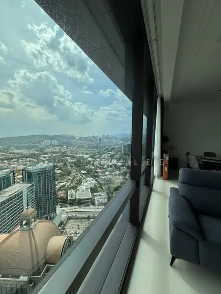 Room features: floor-to-ceiling windows, city view, light-colored flooring, modern sofa, neutral wall color, minimalist decor, natural light, open space; style: modern; view: city.