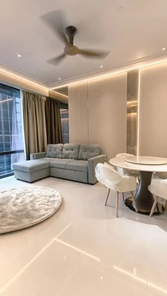 Living features: 3-seater fabric sofa in grey, round dining table, upholstered dining chairs, area rug with circular shape, floor-to-ceiling windows, curtains in light fabric, recessed LED downlights, ceiling fan with light, polished tile flooring, mirrored wall panel, decorative wall lighting; style: modern; view: city.