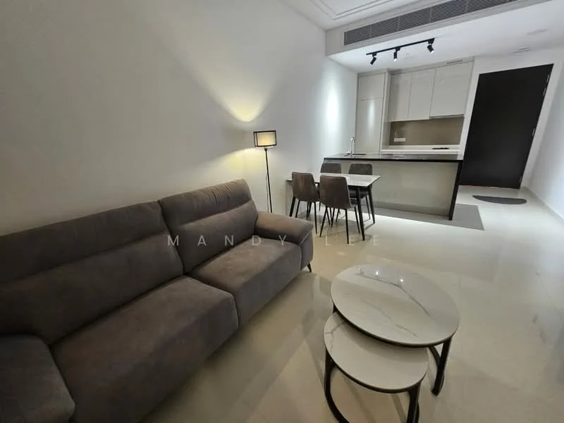 Living features: grey fabric sofa, 2 coffee tables with white tops and black legs, 4-seater dining table, black dining chairs, kitchen island with seating, recessed ceiling lights, white painted walls, glossy tile flooring, open layout to kitchen, floor-to-ceiling windows, modern decor; style: modern. Kitchen features: kitchen cabinets in light color, stainless-steel sink, built-in stove, refrigerator, countertop with bar seating, under-cabinet lighting; style: modern.