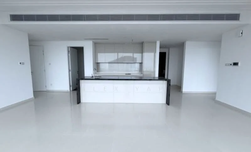 Kitchen features: white cabinetry, black countertop, stainless-steel sink, chrome pull-down faucet, open layout, island with seating, recessed downlights, large windows, neutral tile flooring, minimalist design; style: modern. Room features: white painted walls, neutral tile flooring.