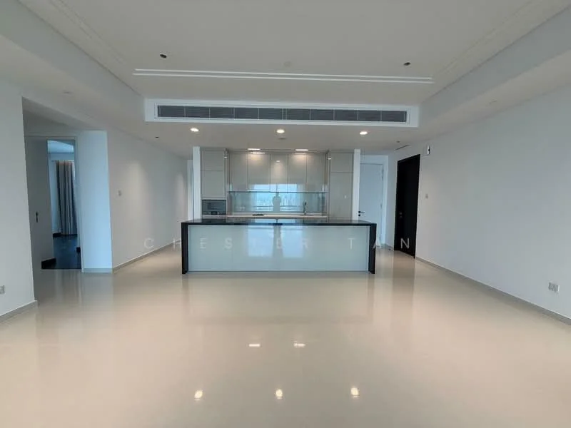 Kitchen features: island countertop with black base, white cabinetry, glass backsplash, built-in oven, stainless-steel range hood, recessed downlights, open-plan layout, polished tile flooring; style: modern. Room features: white painted walls, large windows, neutral color scheme.