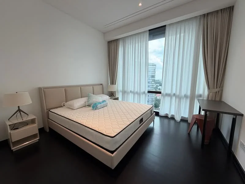 Bedroom features: king-size bed, upholstered headboard, white bedding, 2 bedside lamps, nightstand with drawer, wooden flooring, floor-to-ceiling windows, sheer curtains, curtains in beige, study desk, city view; style: modern; view: city.