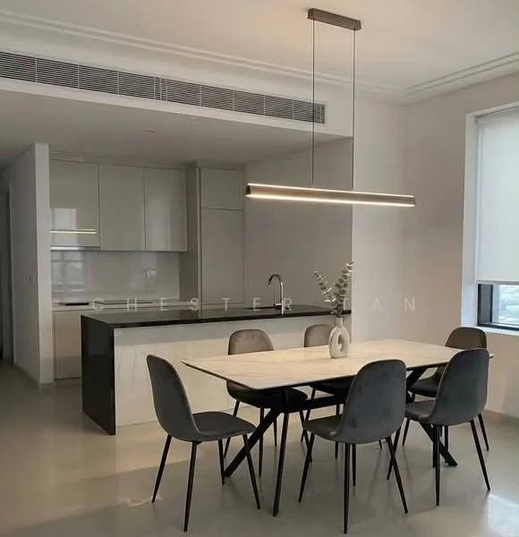 Dining features: 6-seater dining table, grey upholstered dining chairs, pendant light fixture, white walls, smooth concrete flooring, large window with blinds, open-plan layout to kitchen, decorative vase on table; style: modern. Kitchen features: white cabinetry, black countertop, stainless-steel sink, chrome pull-down faucet, built-in appliances, smooth surface backsplash, open shelving, recessed lighting; style: modern.