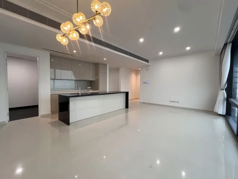 Kitchen features: island countertop with black base and white top, stainless-steel sink, chrome pull-down faucet, built-in cabinetry with light grey finish, recessed downlights, pendant light fixture with multiple bulbs, open layout, polished tile flooring, floor-to-ceiling windows, sheer curtains; style: modern; view: city. Room features: white painted walls, open space layout.