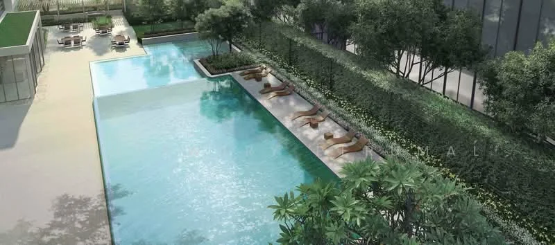 Exterior type: swimming pool deck; features: infinity pool, pool deck with loungers, manicured landscaping, tropical trees, surrounding greenery, modern pool design; style: modern.