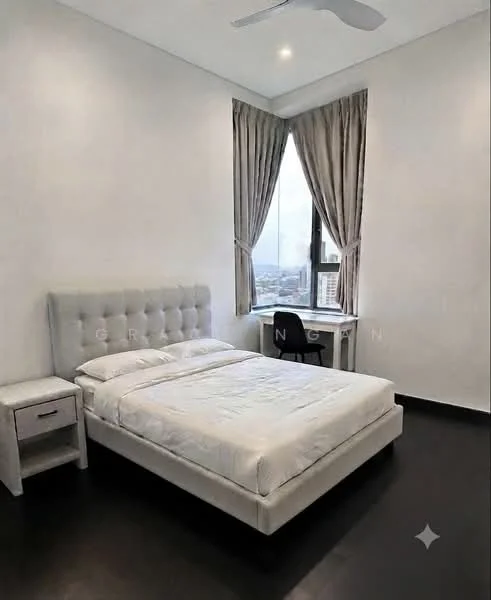Bedroom features: king-size bed with upholstered headboard, white bedding, 2 bedside tables, table lamp on bedside table, floor-to-ceiling window, curtains, ceiling fan, desk with chair, dark wood flooring, white painted walls, decorative wall art; style: modern; view: city.