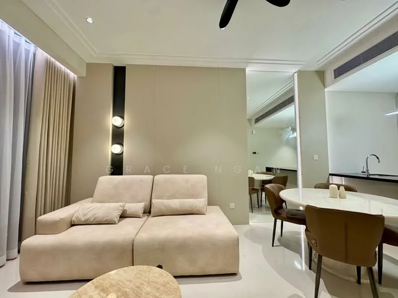 Living features: L-shape sectional sofa in beige, round dining table, upholstered dining chairs, pendant light, recessed downlights, cream painted walls, polished concrete flooring, floor-to-ceiling windows with sheer curtains, decorative wall sconces, open layout to kitchen, neutral color palette; style: modern.