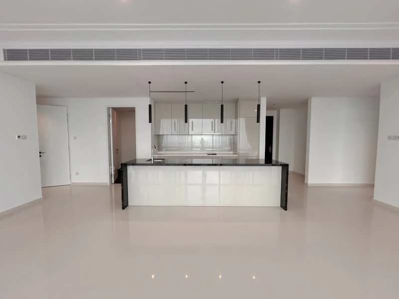 Kitchen features: island kitchen with black countertop, white cabinetry with flat-panel design, built-in oven, stainless-steel sink, chrome pull-down faucet, pendant lighting, recessed downlights, white walls, glossy tile flooring, open layout, air conditioning vent, floor-to-ceiling windows; style: modern.