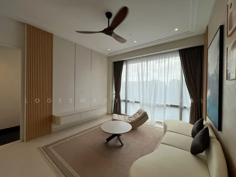Living features: 3-seater fabric sofa in white, coffee table, area rug with geometric pattern, floor-to-ceiling windows, sheer curtains, 5-blade ceiling fan, wall-mounted TV console, decorative wall paneling, wall art, natural light, neutral wall color, light-colored flooring; style: modern; view: city.
