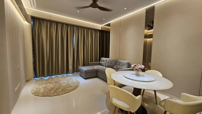 Living features: grey fabric sofa, round marble dining table, upholstered dining chairs, area rug, floor-to-ceiling curtains, recessed LED downlights, ceiling fan, light-colored walls, polished tile flooring, decorative vase with flowers; style: modern.