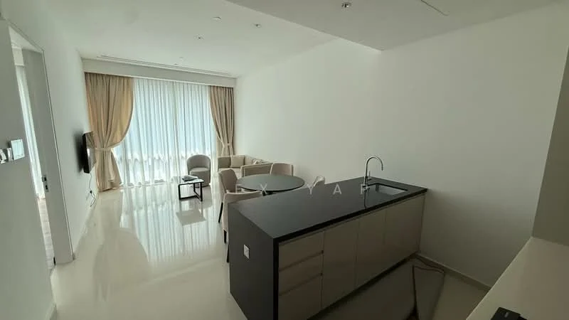 Living features: white painted walls, glossy tile flooring, floor-to-ceiling windows, sheer curtains, sofa chairs in beige, coffee table, wall-mounted TV, kitchen island with dark countertop, built-in cabinetry, recessed downlights; style: modern; view: city.