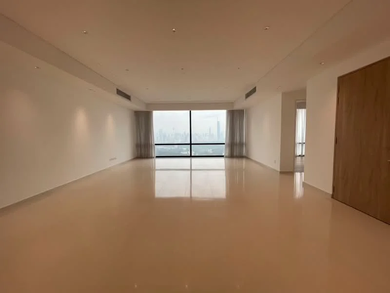 Living features: white painted walls, polished concrete flooring, floor-to-ceiling windows, sheer curtains, city view, recessed downlights, open layout, neutral color palette; style: modern; view: city.