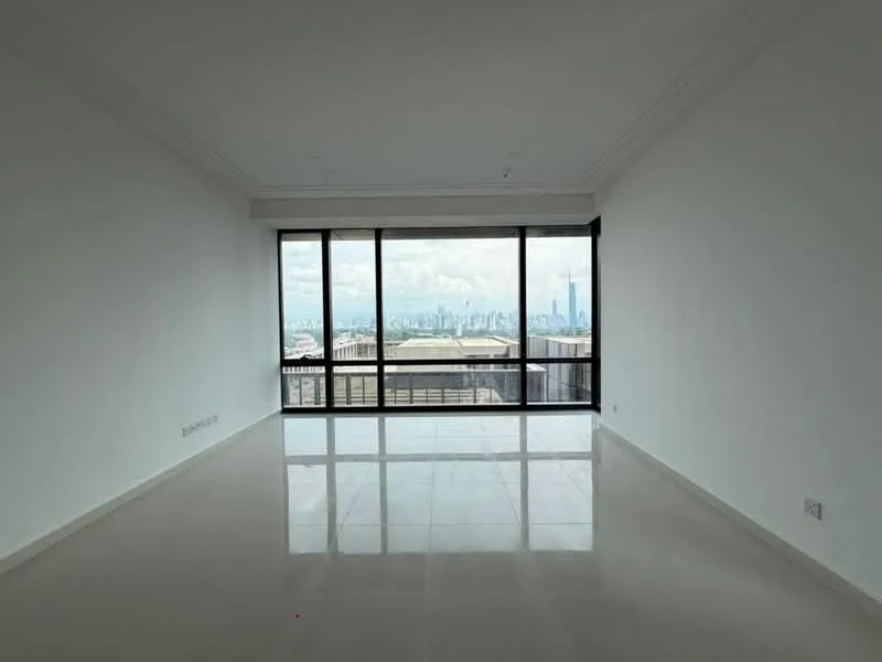 Living features: white painted walls, glossy tile flooring, floor-to-ceiling windows, city skyline view, recessed downlights, crown moulding, open layout; style: modern; view: city.