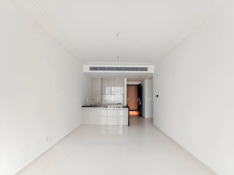 Living features: white painted walls, polished floor tiles, recessed downlights, open-plan layout, floor-to-ceiling windows, air conditioning vent, neutral color palette, no visible furniture; style: modern. Kitchen features: white cabinetry, black countertop, built-in oven, stainless-steel sink, cooktop, open layout to living area; style: modern.