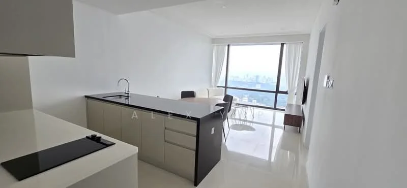 Kitchen features: black countertop, white cabinetry, stainless-steel sink, chrome pull-down faucet, built-in cooktop, open-plan layout, marble flooring, floor-to-ceiling windows, city view, recessed downlights; style: modern; view: city. Living features: sofa, coffee table, TV console, area rug, floor-to-ceiling windows, city view; style: modern; view: city.