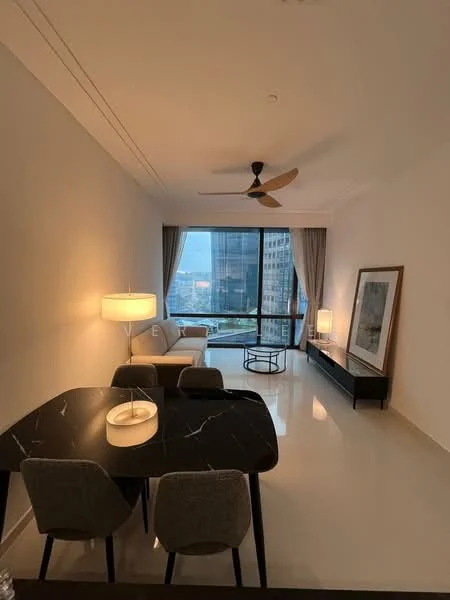 Dining features: black dining table with marble top, 4 upholstered dining chairs in grey, floor-to-ceiling windows, city view, white walls, recessed downlights, 5-blade ceiling fan, laminate flooring, decorative wall art, 2 table lamps, sideboard with storage; style: modern; view: city.