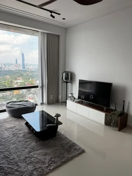 Living features: floor-to-ceiling windows, city view, white painted walls, polished tile flooring, 3-seater fabric sofa in grey, black coffee table, TV console, wall-mounted TV, area rug with geometric pattern, ceiling fan, decorative plant; style: modern; view: city.