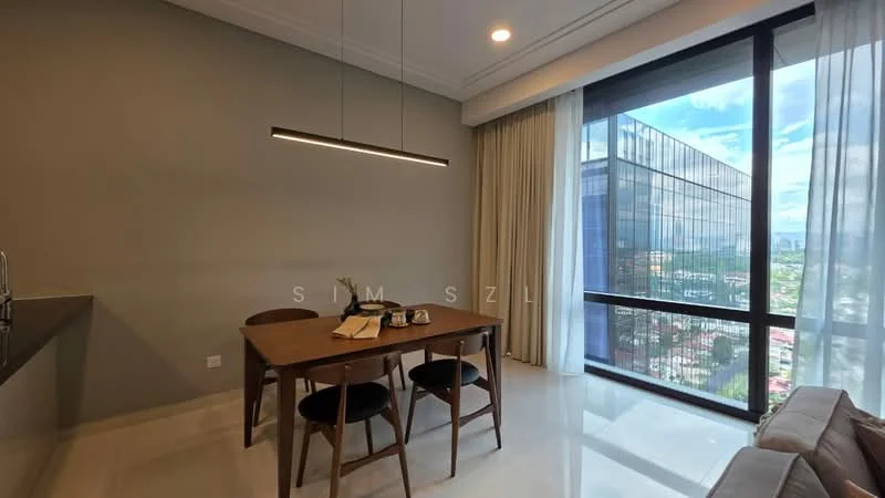 Dining features: wood dining table, 4 wooden dining chairs, pendant light fixture, floor-to-ceiling windows, sheer curtains, grey painted walls, polished tile flooring, city view; style: modern; view: city.